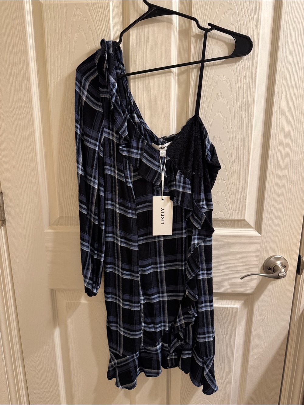 Likely One-Shoulder Black and Blue Plaid Ruffle Dress